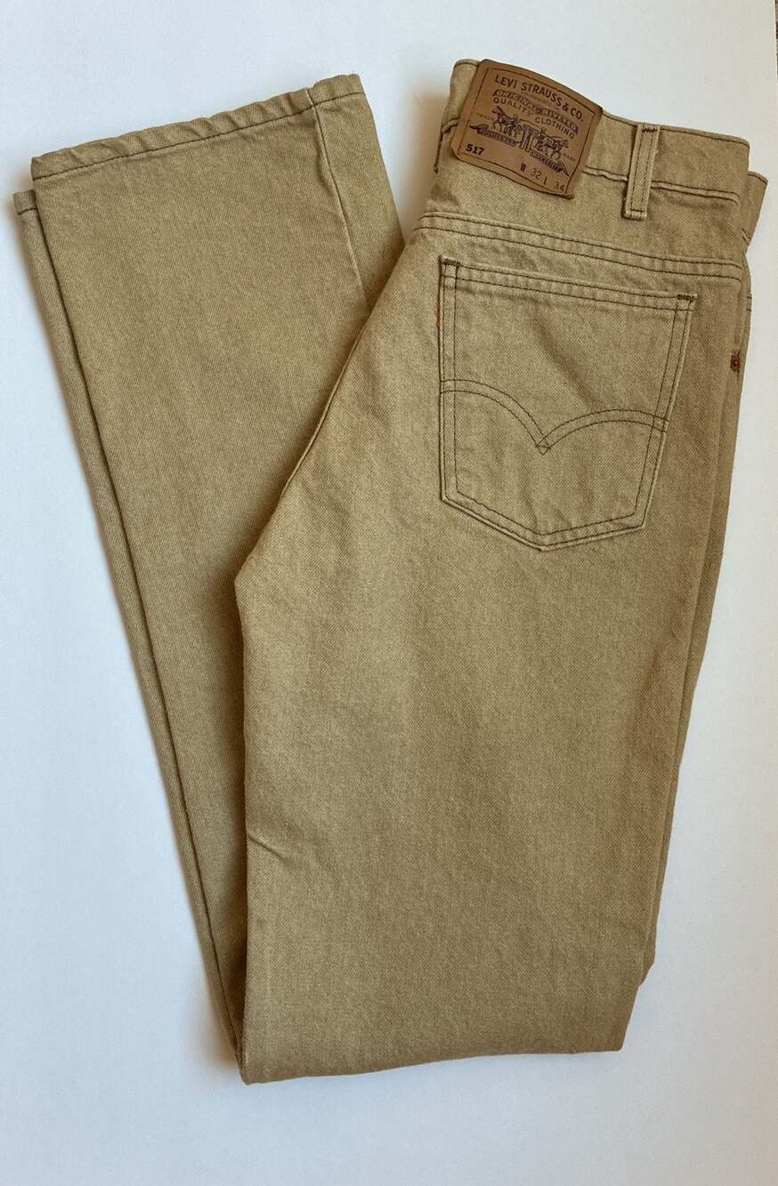 Vintage Levi's 517 Boot Cut Jeans Khaki Tan Made in USA 90s Orange Tab W32 L34